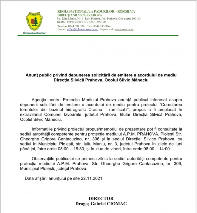 Anunţ public privind depunerea solicitării de emitere a acordului de mediu Direcția Silvică Prahova, Ocolul Silvic Măneciu