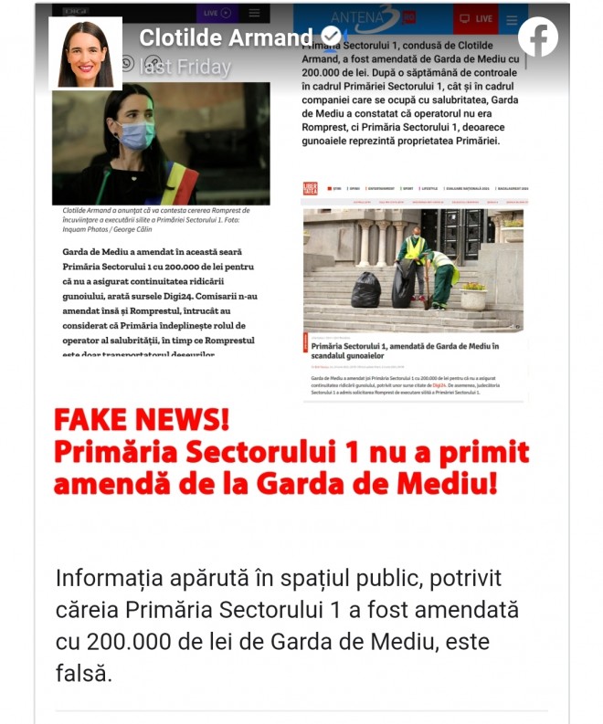 O mincinoasa notorie! Garda de Mediu a amendat Primăria Sector 1 cu 160.000 de lei. Clotilde Armand spunea săptămâna trecută că e fake news