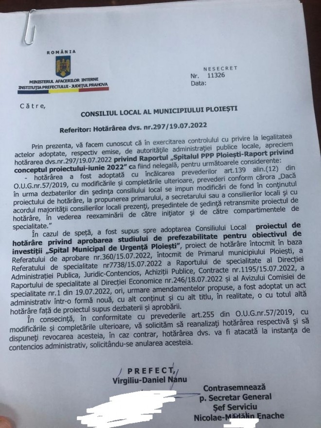 Lovitura! Prefectura Prahova a decis ca fiind NELEGALE amendamentele aduse la proiectul construirii Spitalului Municipal de Urgenta