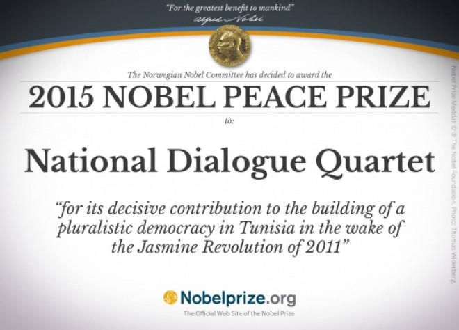 Premiul Nobel pentru Pace 2015, obţinut de Cvartetul pentru Dialog Naţional din Tunisia