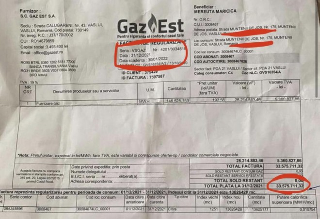 O pensionară din Vaslui a primit o factură de 6.7 milioane de Euro la gaze